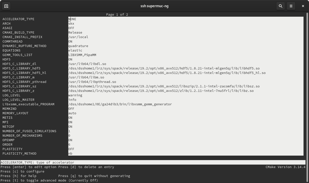 An example of ccmake with some options